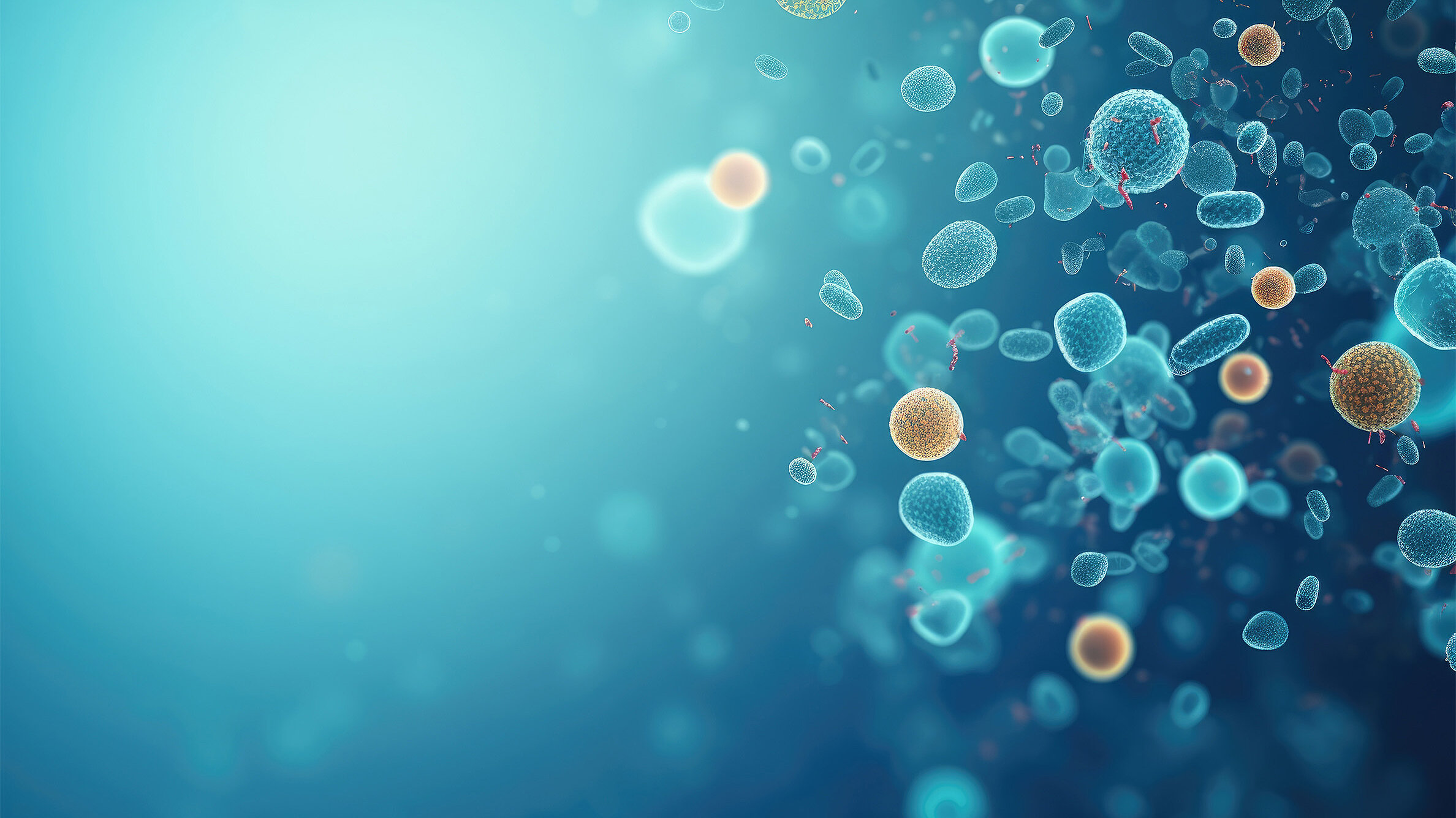 Close up macro details of red blue microbes molecules virus bacteria.